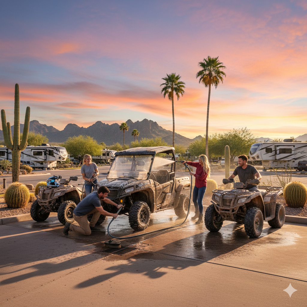 Four people clean muddy off-road vehicles at a desert RV park at sunset, with palm trees, cacti, and mountains in the background.