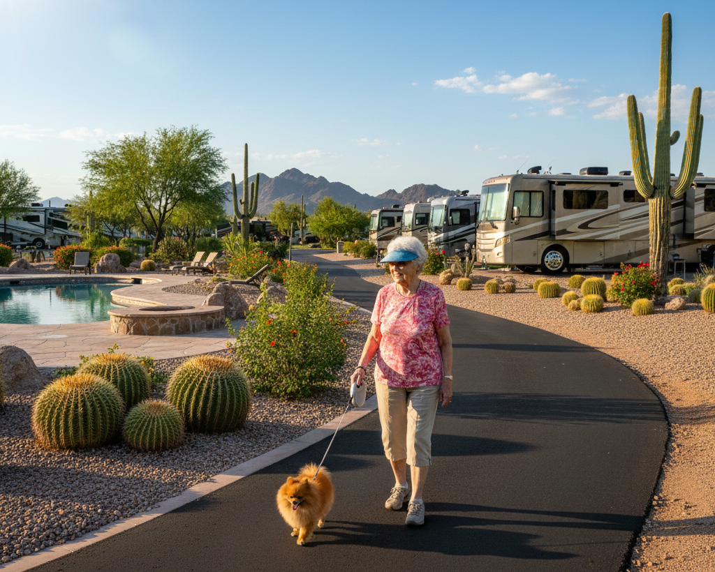 An older woman walks a small dog on a paved path in an RV park with cacti, palm trees, and mountains in the background.