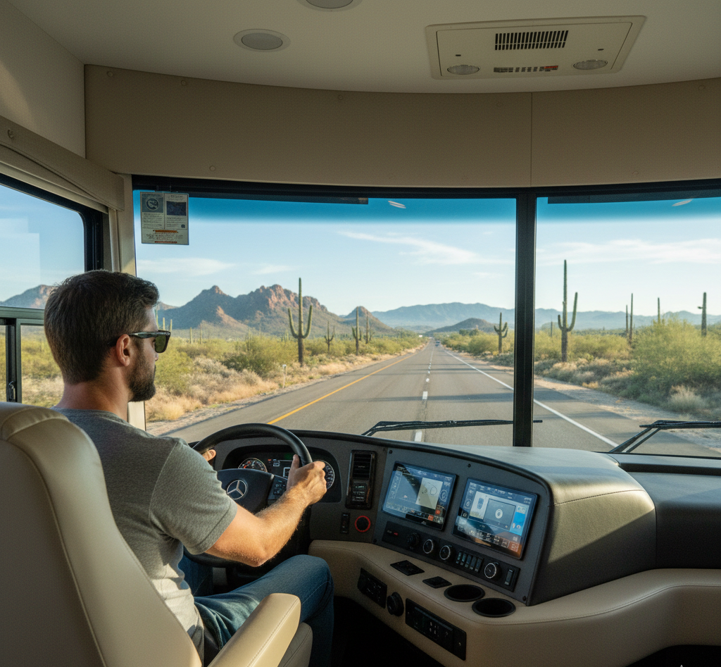 Man driving an RV on a desert highway, with cacti and mountains visible through the large windshield under a clear sky.