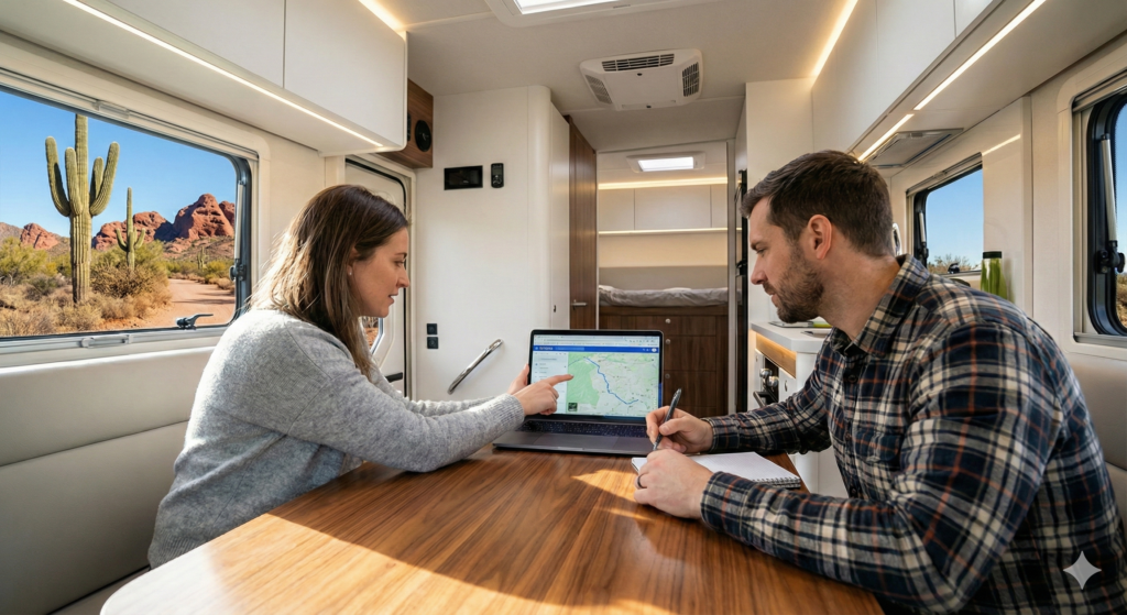 Two people sit at a table inside an RV, looking at a map on a laptop. Desert scenery with cacti and rock formations is visible through the window.