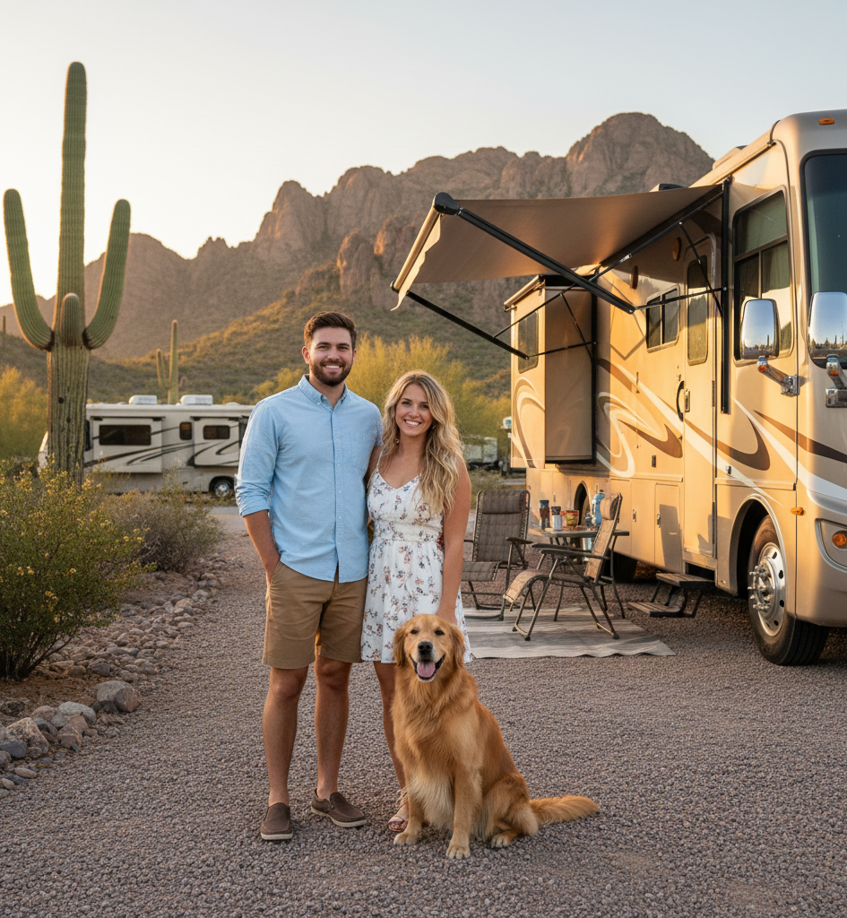 A man and woman stand with a golden retriever beside a parked RV in a desert RV park, with cacti and mountains in the background.
