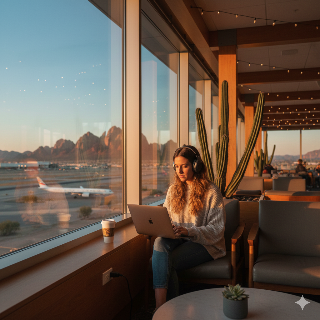 A woman wearing headphones works on a laptop in an airport lounge at sunset, with large windows showing airplanes and mountains in the background.