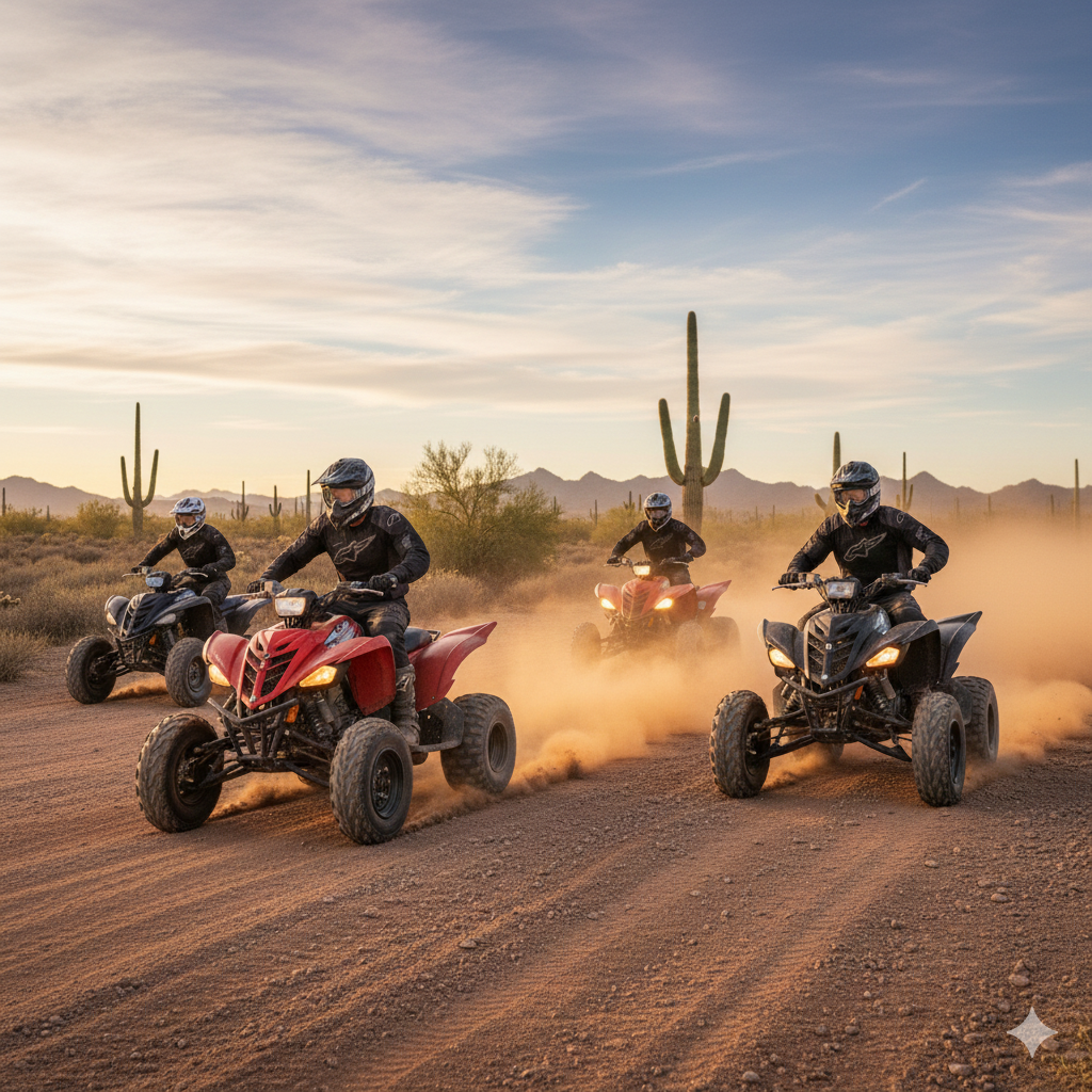 Four people ride all-terrain vehicles on a dusty desert trail at sunset, surrounded by cacti and distant mountains.