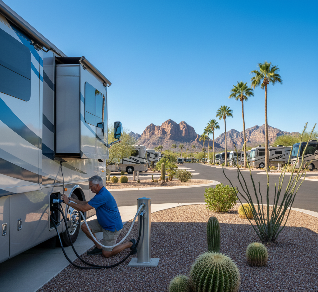 A man kneels to connect an RV to an electrical hookup at a desert campground with cacti, palm trees, and mountains in the background under a clear blue sky.