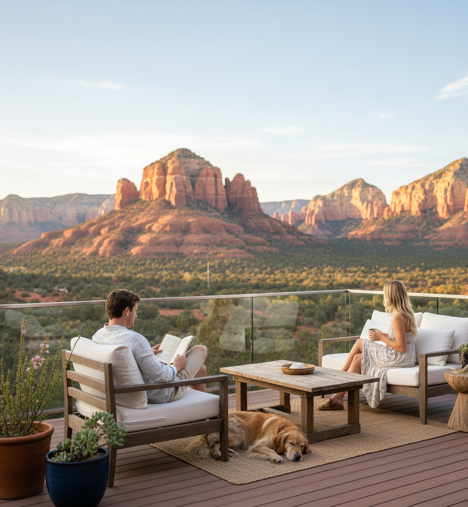 A man and a woman sit on a patio with a dog, reading books and overlooking red rock mountains under a clear sky.
