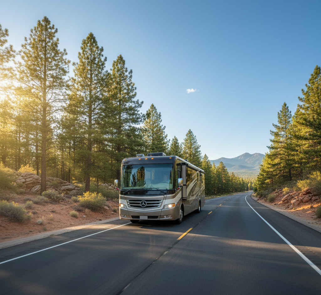 A large RV drives down a two-lane highway surrounded by pine trees and mountains under a clear blue sky.