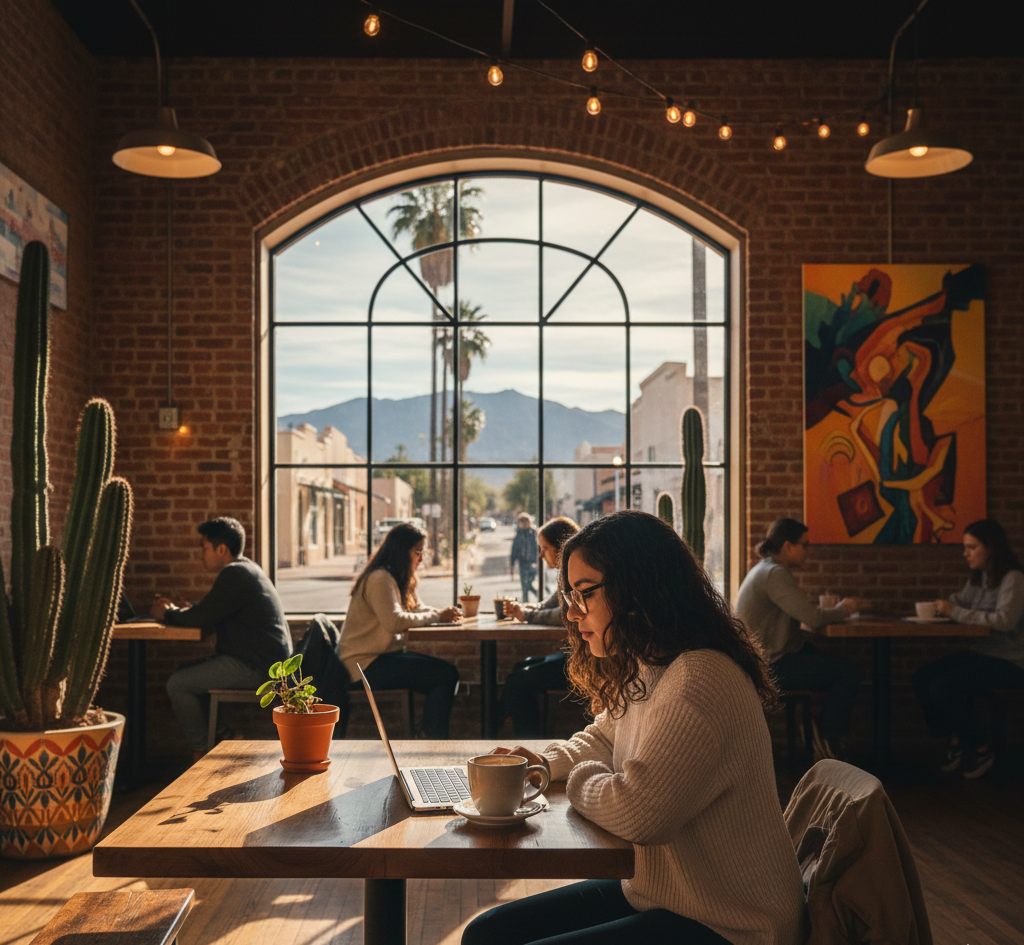 People work and converse in a cozy café with brick walls, large window, modern art, potted plants, and mountain views in the background.