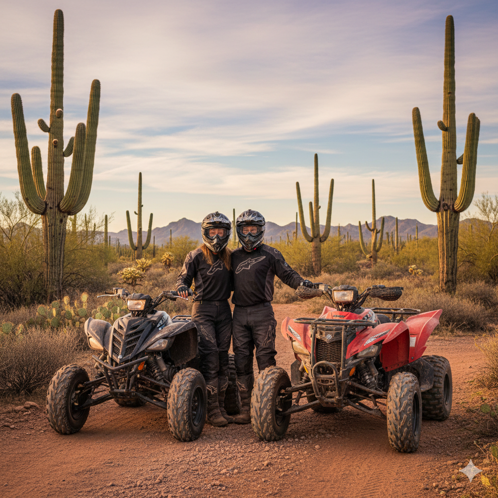 Two people in black riding gear and helmets stand beside their ATVs on a desert trail, surrounded by tall cacti and distant mountains under a partly cloudy sky.