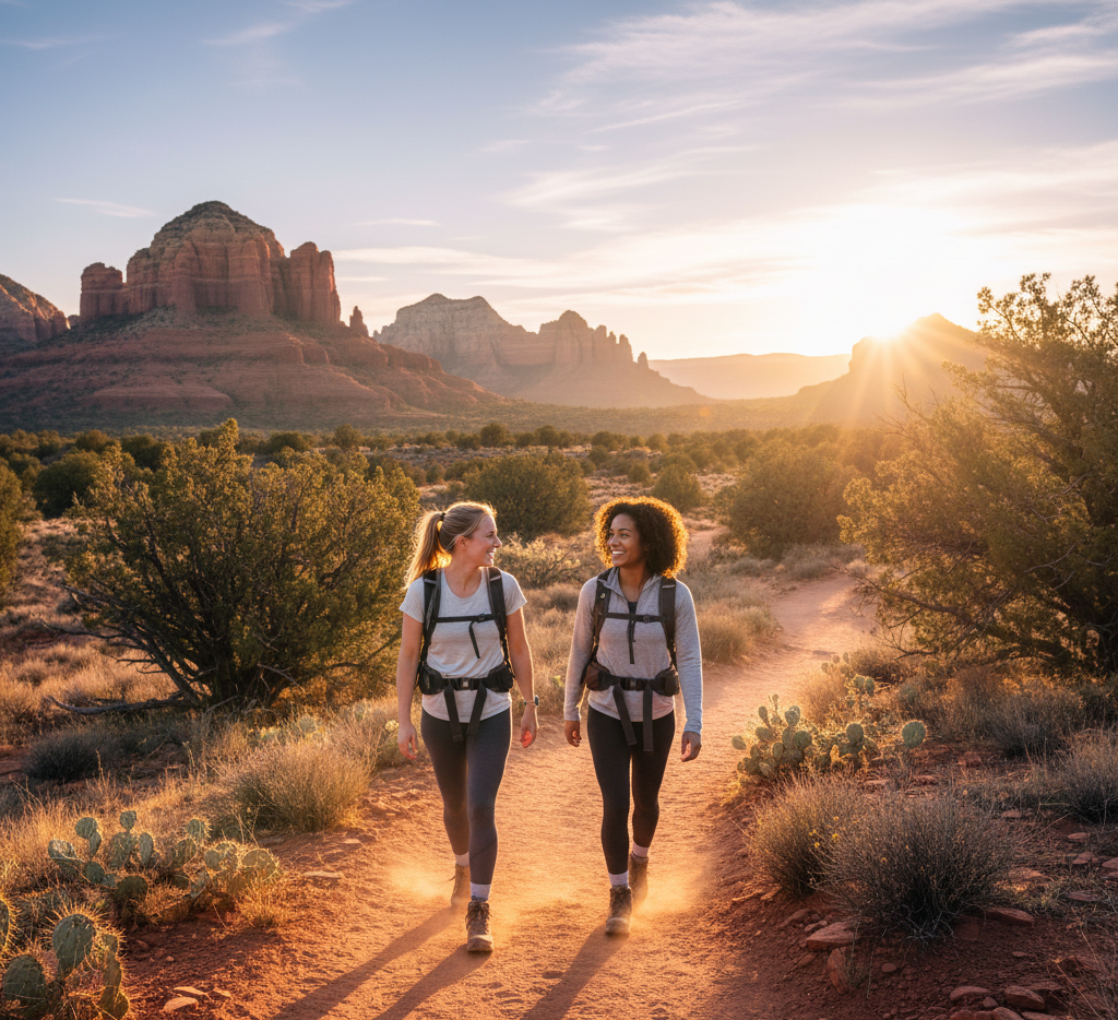 Two women with backpacks walk on a desert trail at sunset, surrounded by cacti and red rock formations.
