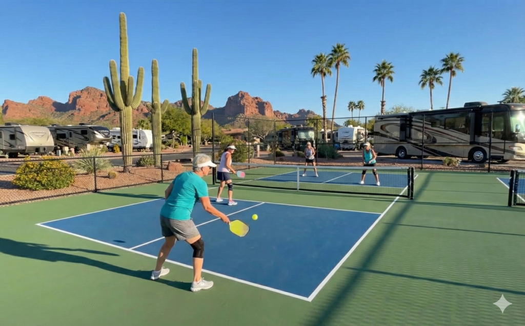 Four people play pickleball on an outdoor court surrounded by palm trees, cacti, RVs, and distant red mountains under a clear blue sky.