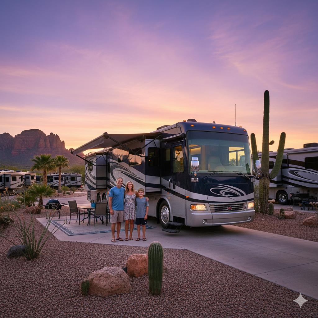 A family of four stands beside a parked RV at a desert campground with cacti and rocky hills in the background during sunset.