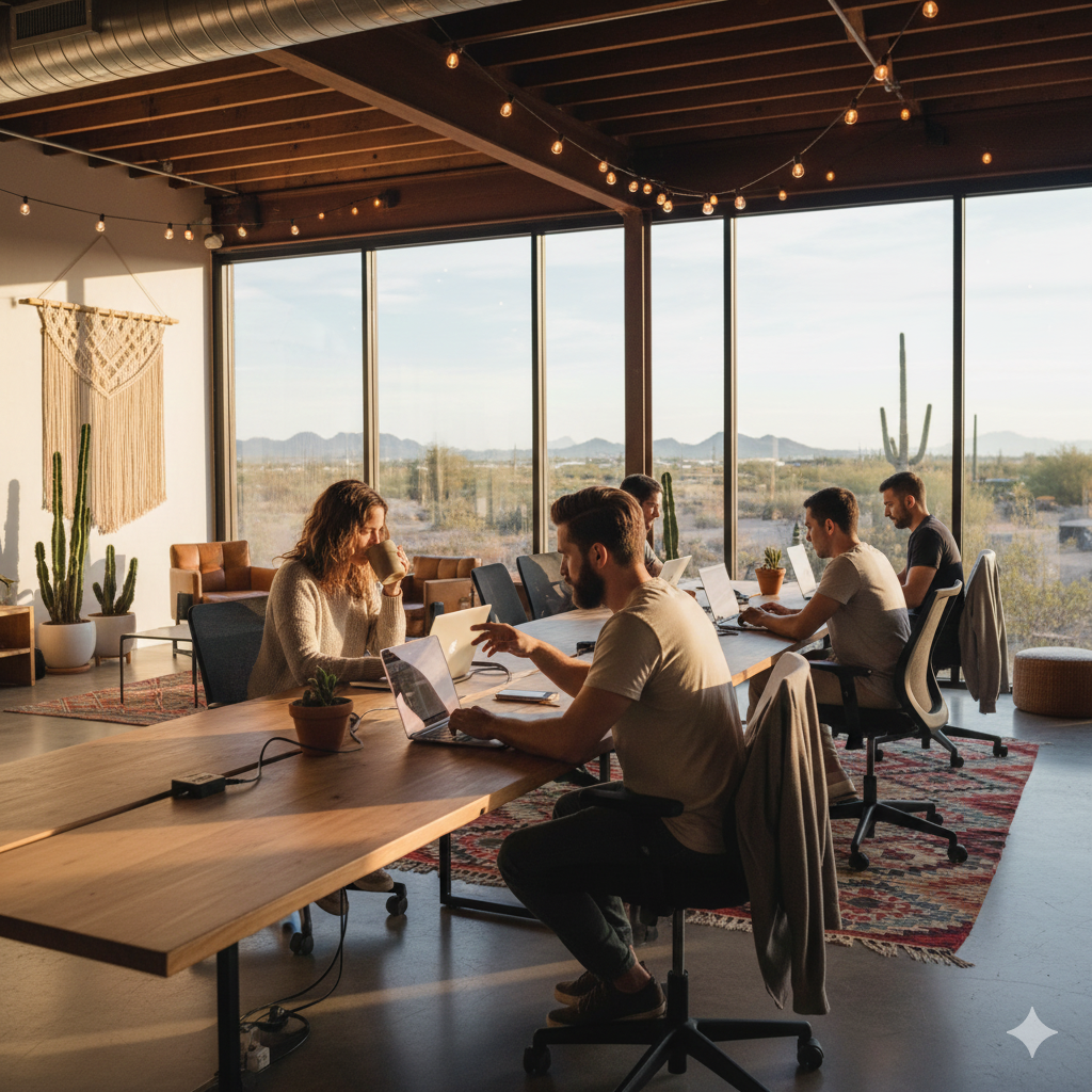People working on laptops around a wooden table in a modern office with large windows, desert view, cacti, and warm natural lighting.
