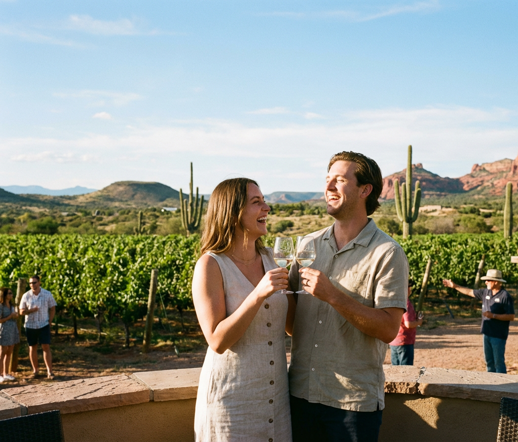 A man and woman smiling and toasting with wine glasses at a vineyard, with cacti, mountains, and other people in the background.