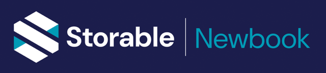 Storable and Newbook logos side by side on a dark blue background, separated by a vertical line.