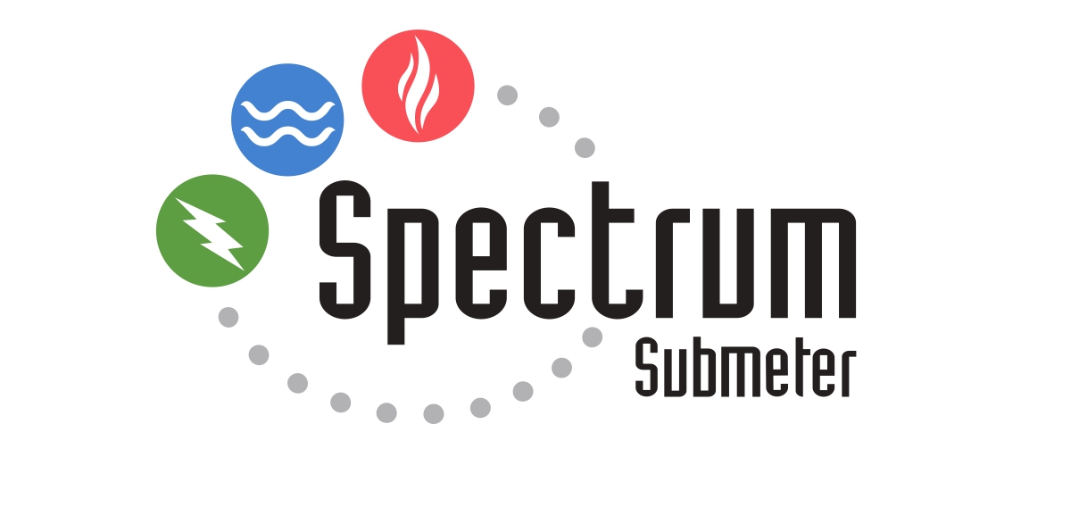 Logo for Spectrum Submeter featuring three colored circles with icons for water, gas, and electricity, alongside the company name in stylized text.