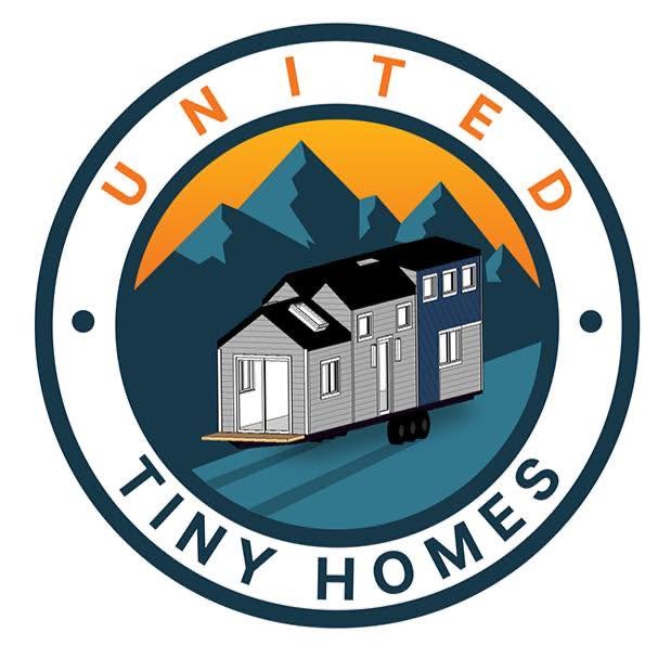 Circular logo for United Tiny Homes featuring an illustration of a tiny house in front of mountains.